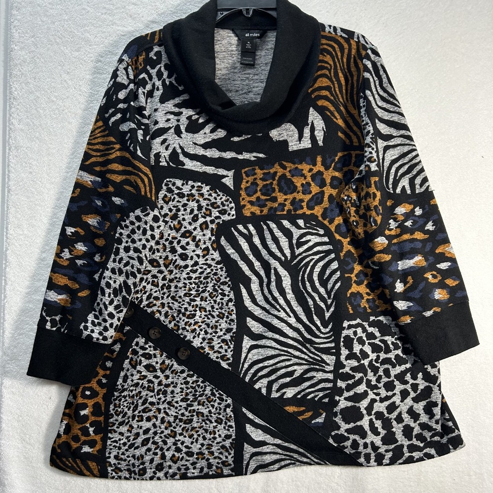Ali Miles Womens Size XL Black Leopard Print Long Sleeve Blouse Top (M9)